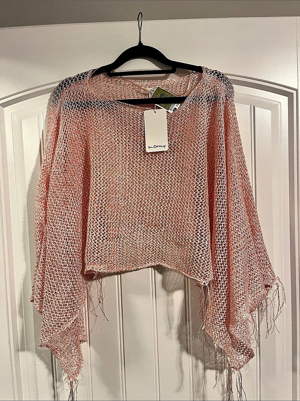 We Are The Weirdos Open Knit Fringe Tunic in Pink Size Small NWT